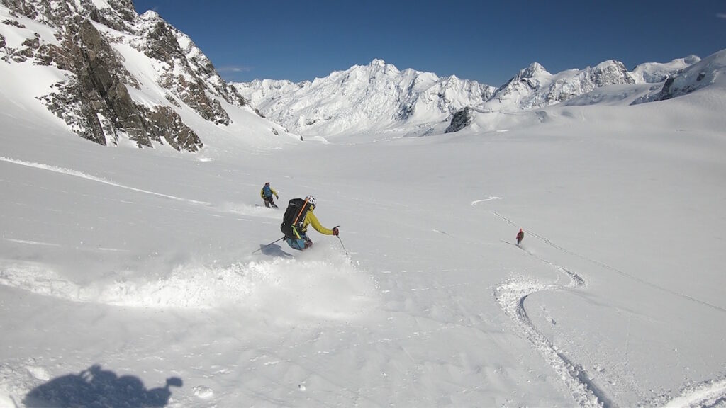 Taking powder turns ski touring on the Tasman Glacier