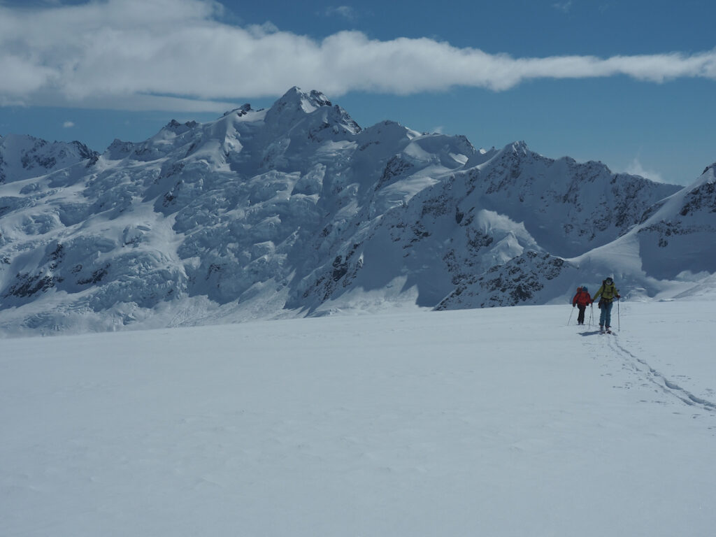 Enjoying the views while skinning on the Tasman Glacier