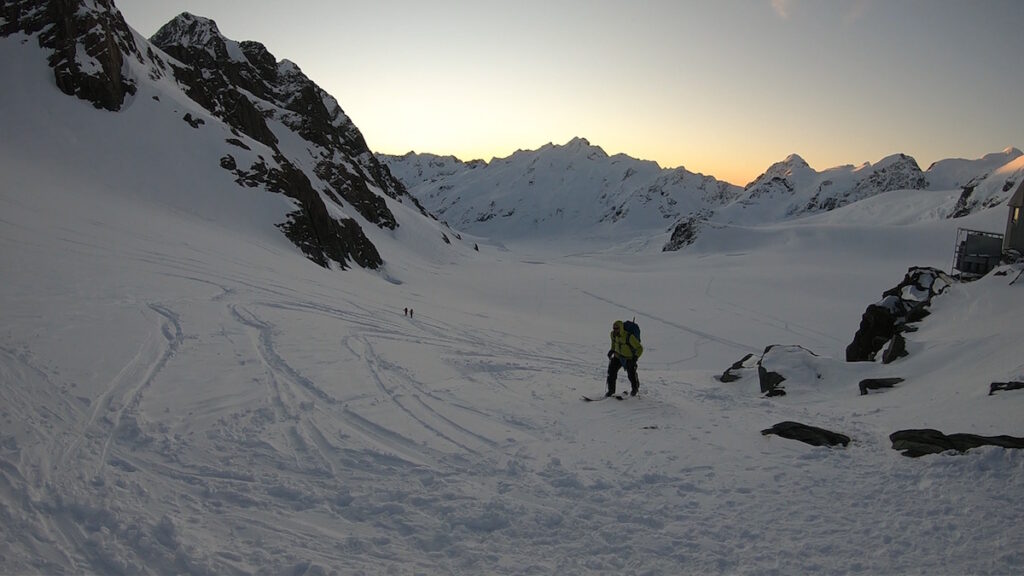 Skinning back to the Kelman hut on the Tasman Glacier