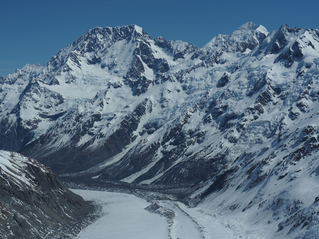 An up close view of Mount Cook and the Southern Alps while ski touring on the Tasman Glacier