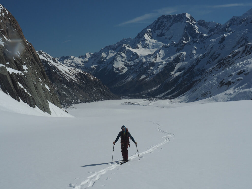 Ski touring on the lower slopes of the Tasman Glacier