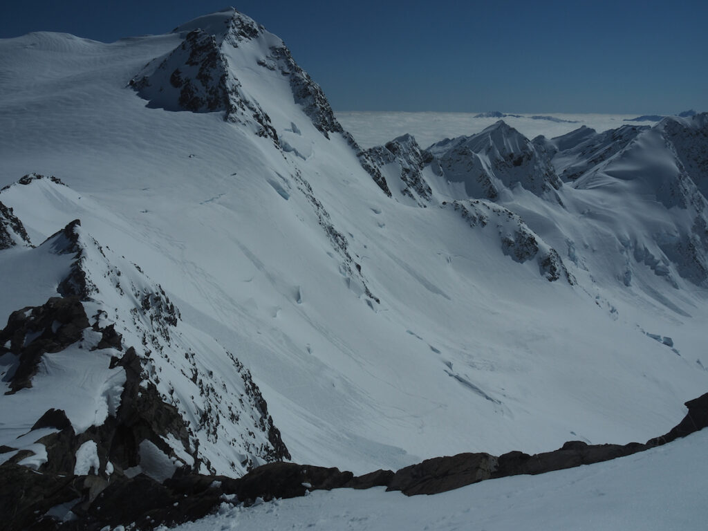 Looking at the Murchison Headwall with our snowboard tracks from the previous day