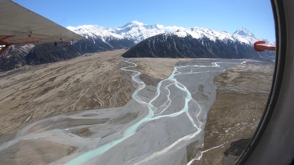 Taking a plane down the Tasman Valley towards Mount Cook Village