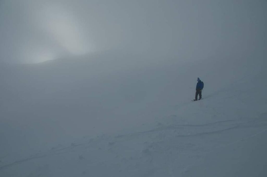 Arriving into the clouds on the Emmons Glacier