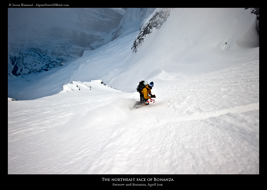 Snowboarding down Bonanza Peak with Holden Lake in the background