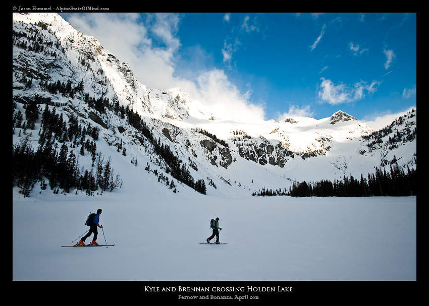 Ski touring across Holden Lake with Bonanza Peak in the background