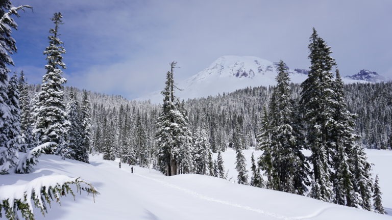 Ski touring out into the Tatoosh Range with Mount Rainier in the background on our way to the Tatoosh Traverse