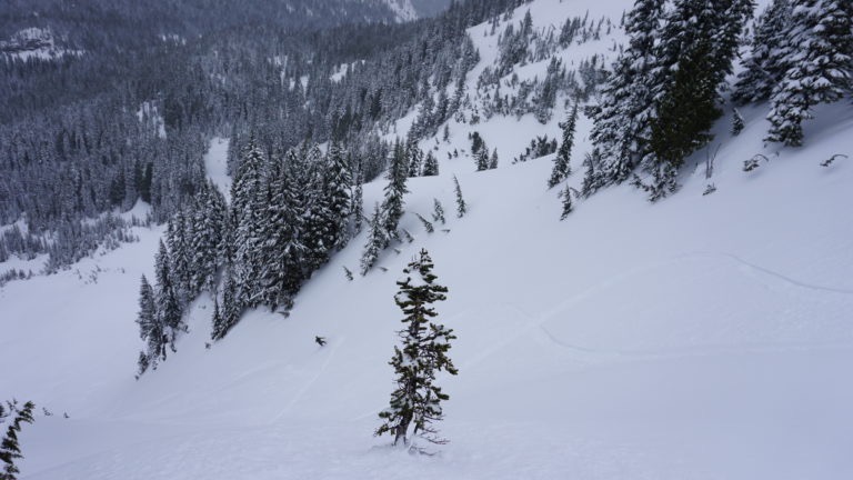 Heading down to Butler Creek via the main gully of Castle Peak during the Tatoosh Traverse