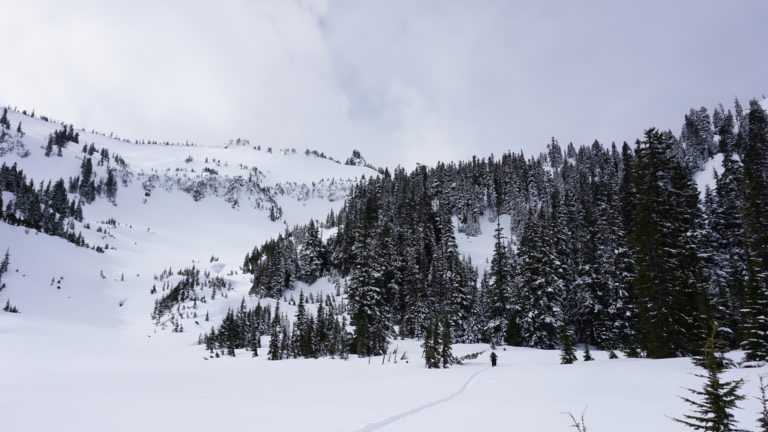 Ski touring up Sunbeam Basin towards Castle Peak during the Tatoosh Traverse