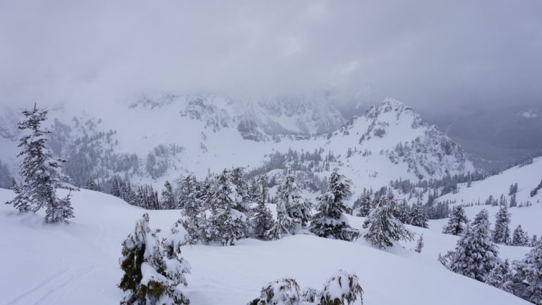 Looking down the west Bowl of Plumber Peak where we would exit via the col on the right during the Tatoosh Traverse