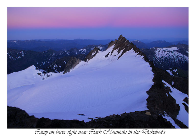 Sunset over Mount Clark and our route during day 2 of the Dakobed Traverse