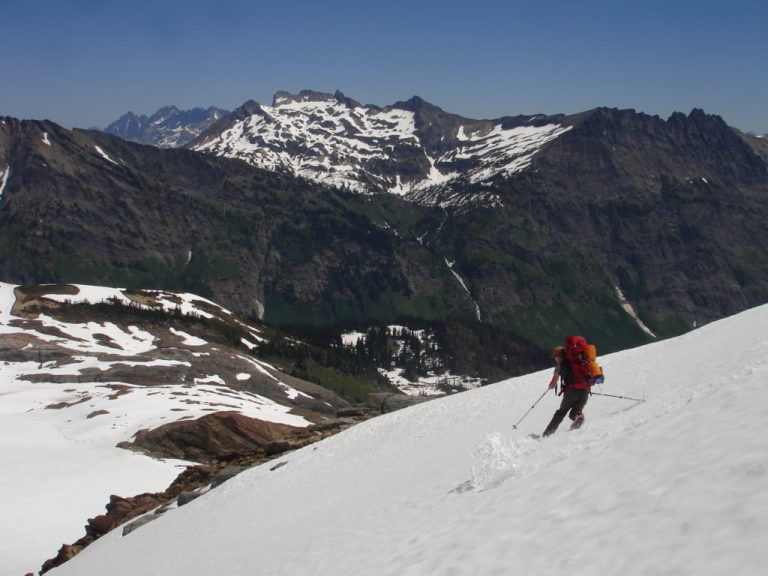 Jason Skiing off Luahnas NW face on day 3 of the Dakobed Traverse