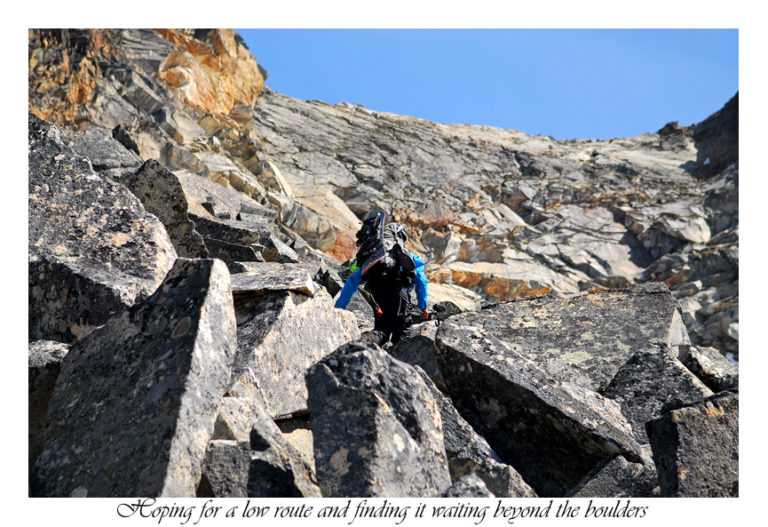 Boulder scrambling to get back on the snow and the Dakobed Traverse