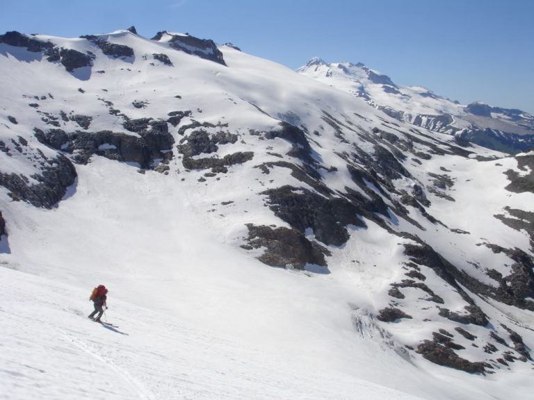 Jason skiing the butterfly Glacier during day 3 of the Dakobed Traverse