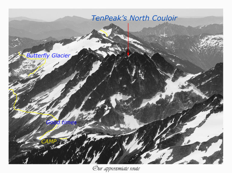 Our route on the Dakobed Traverse and an up close view of Ten Peak