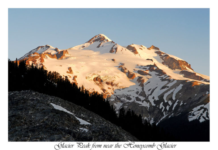 Sunrise over Glacier Peak on day 4 of the Dakobed Traverse