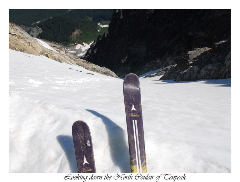 Jason skiing off a couloir on Ten Peak