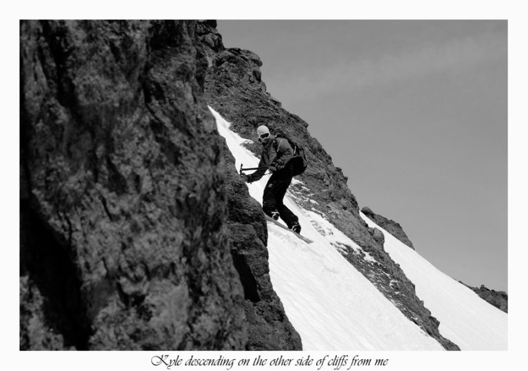 Snowboarding off the summit of Glacing Peak and on to the Cool Glacier Headwall