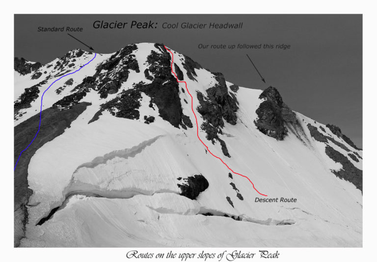 Looking at our ski descent and the standard route of Glacier Peak