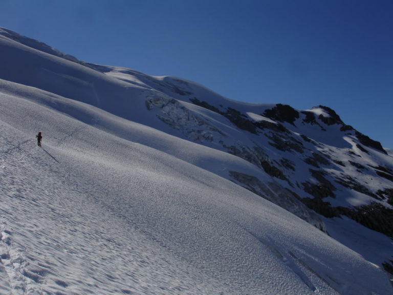 Jason crossing the Walrus Glacier on Mount Clark on the first day of the Dakobed Traverse