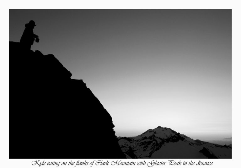 A scenic camping spot on Mount Clark with Glacier Peak in the distance during night 1 of the Dakobed Traverse