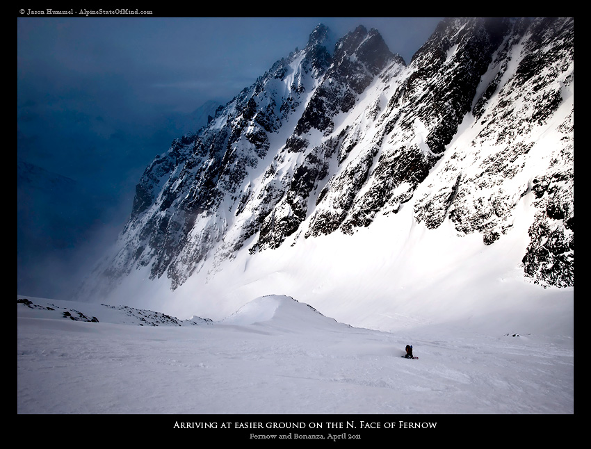 Snowboarding down the lower apron of Mount Fernow near Holden Village in Washington State