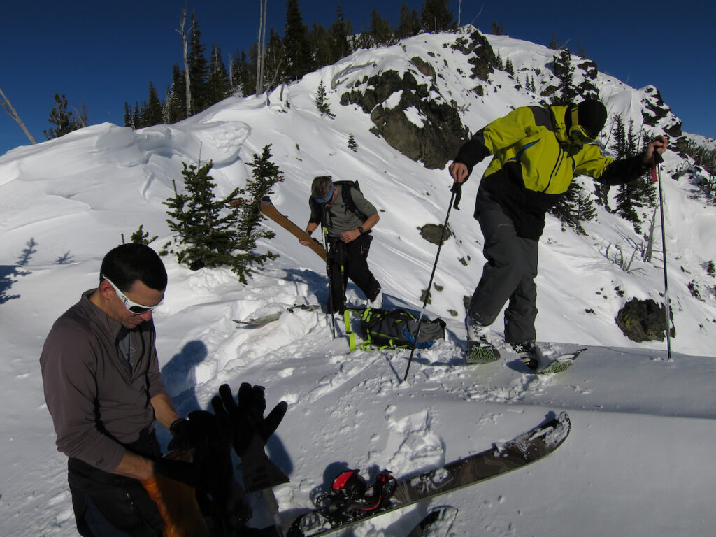 A moment of rest of Crystal Peak col before traversing out to the Sheep Lake Couloir