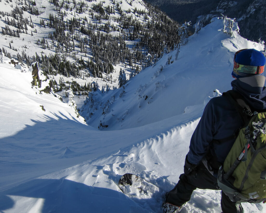 Looking into the the Sheep Lake Couloir before snowboarding