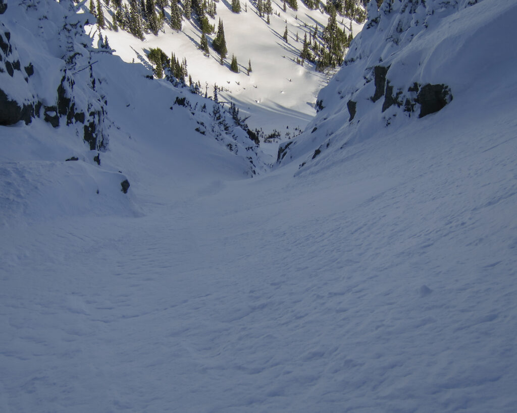 A closer look into the Sheep Lake Couloir in the Crystal Mountain Backcountry