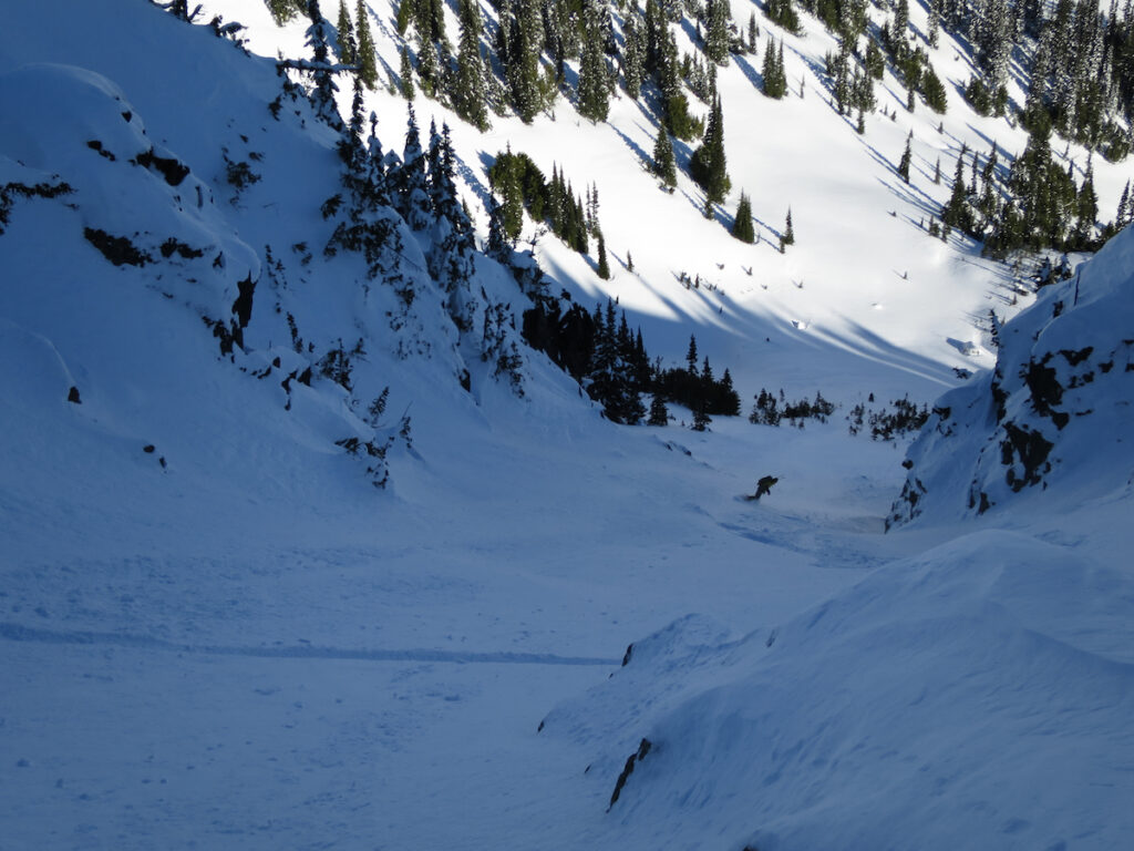 Snowboarding into the Sheep Lake Couloir