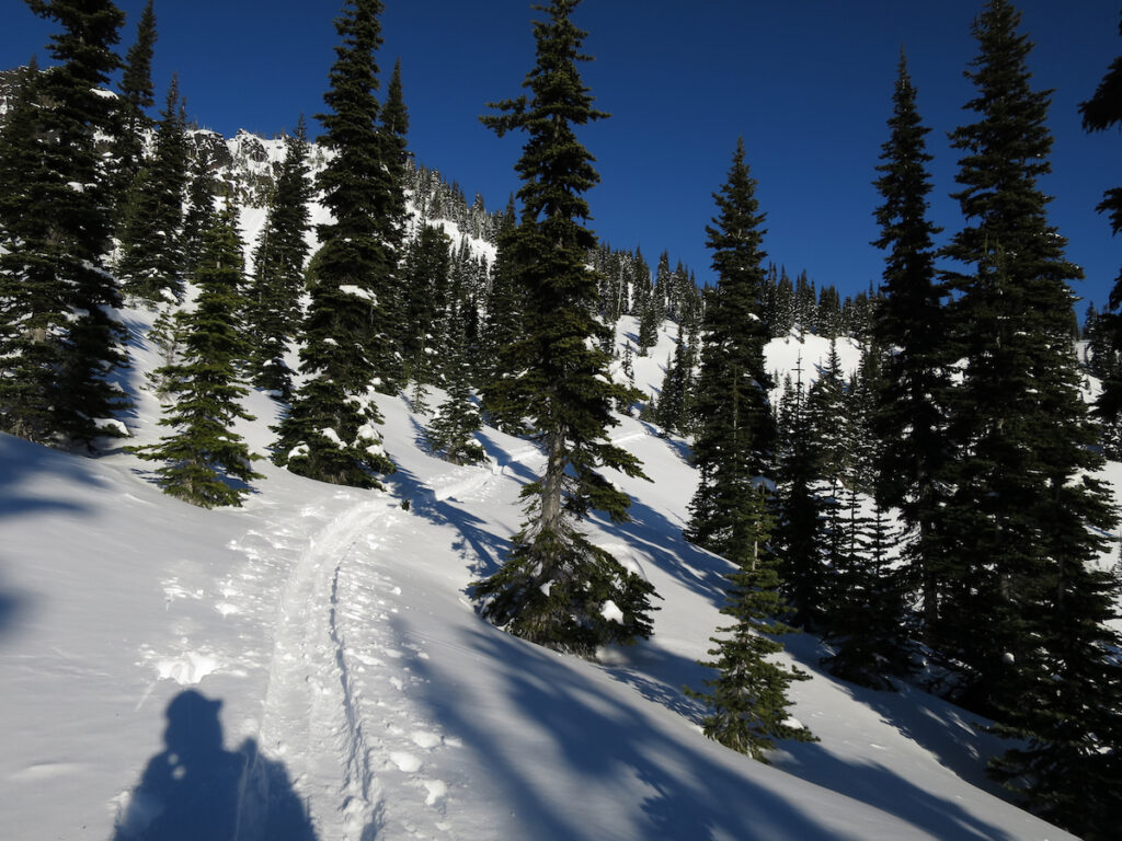 Skinning back up through Sheep Lake basin after snowboarding the Sheep Lake Couloir