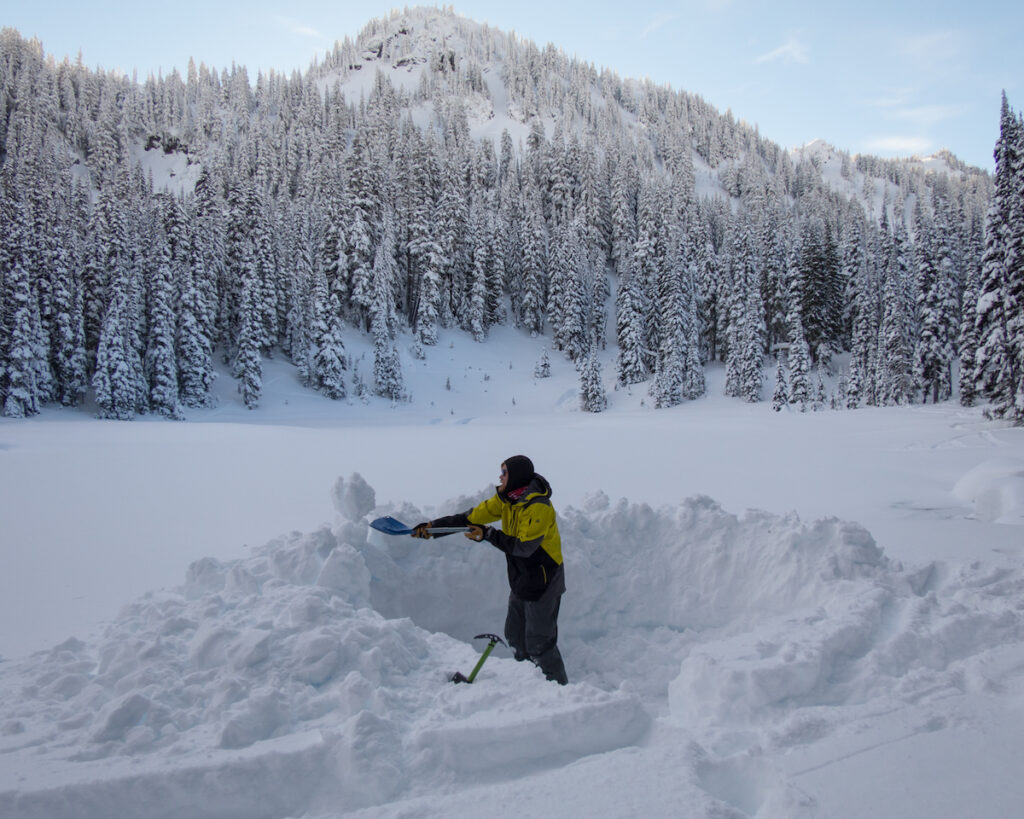 Setting up camp near Elizabeth Lakes in the Crystal Mountain backcountry