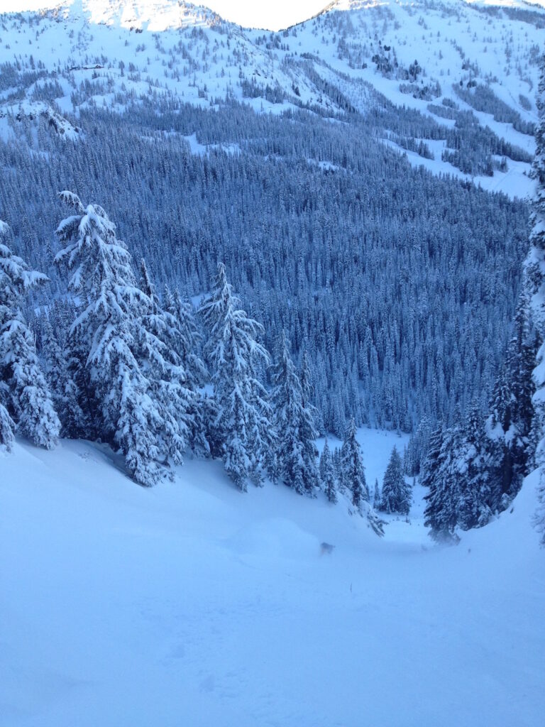 The perfect powder day in the backcountry of Crystal Mountain while riding the Dog Leg Chute into Silver Basin