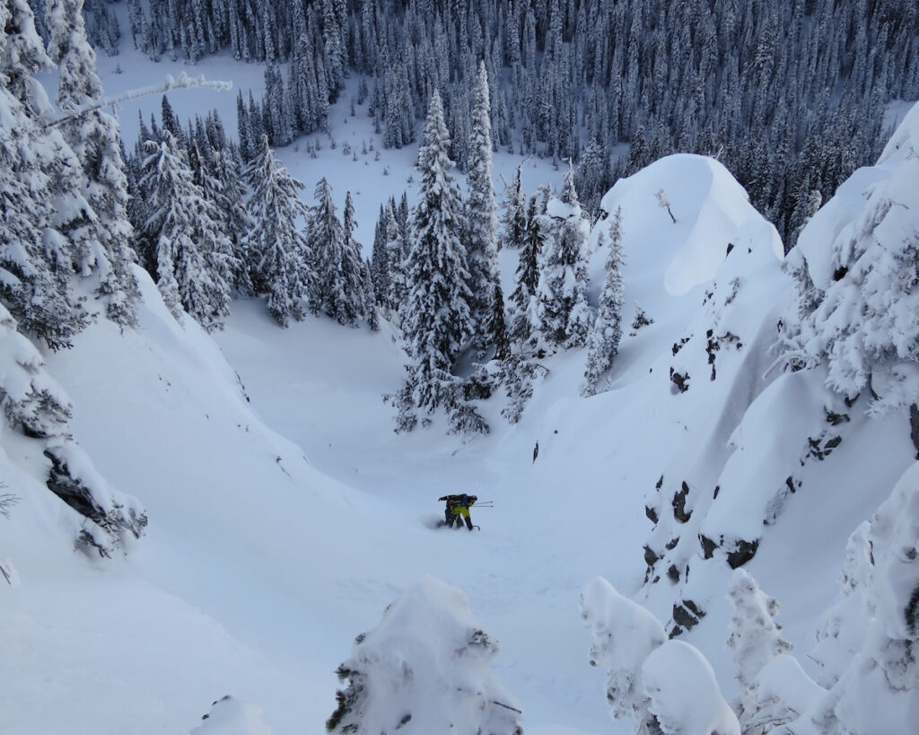 Snowboarding into the Dog Leg Chute in the Crystal Mountain Backcountry