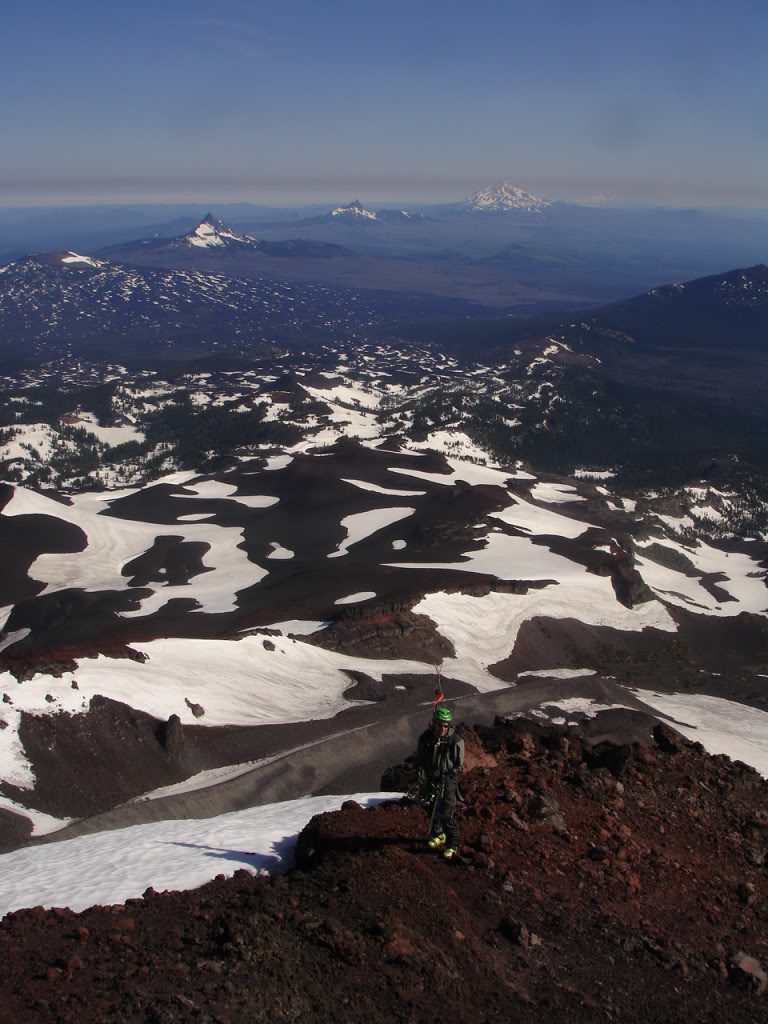 Climbing up the North Sister with the Northern Oregon Volcanoes in the distance