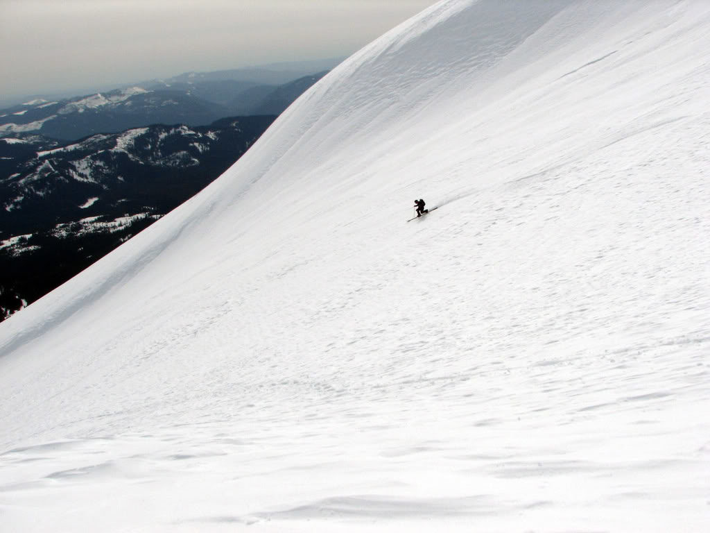 Finding great corn snow while skiing down Mount Saint Helens