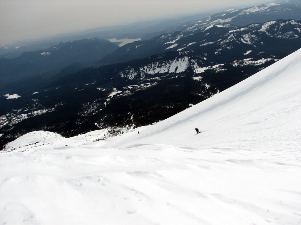 Skiing down with Monitor Ridge in the distance