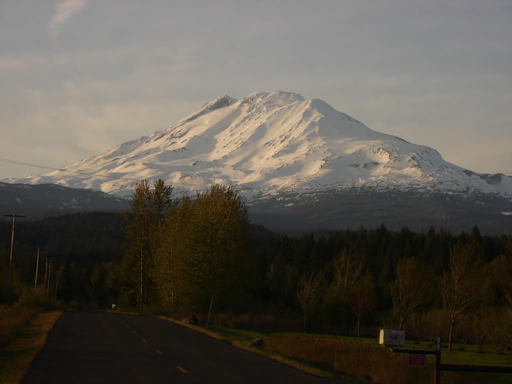 Driving up to Mount Adams with a clear view of the south route and the Southwest Chutes