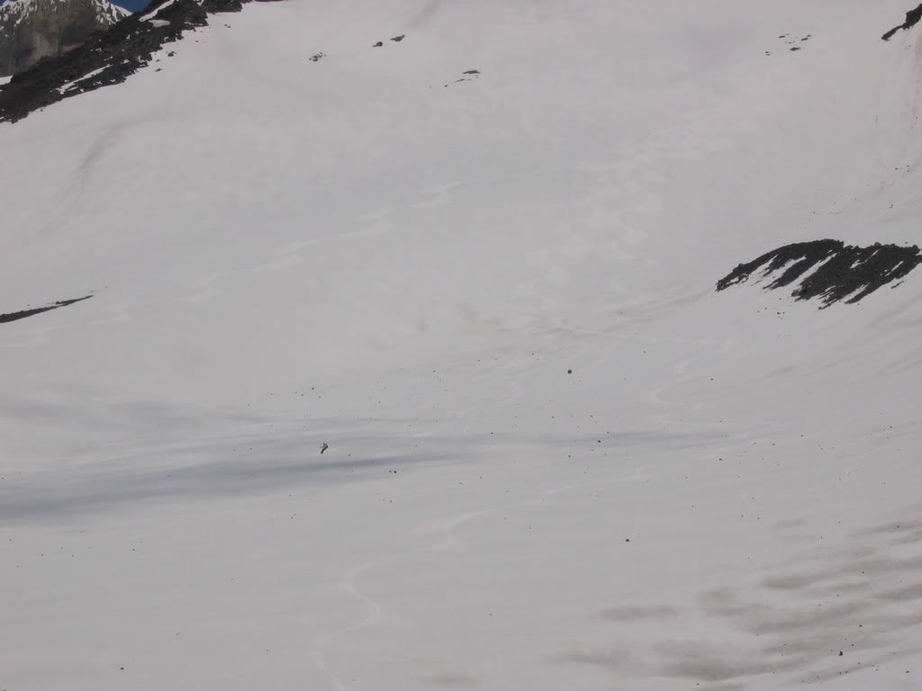 Dropping onto the lower slopes of Mount Adams