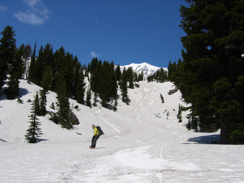 Making our way lower into the valley as we snowboard towards Cold Springs Campground