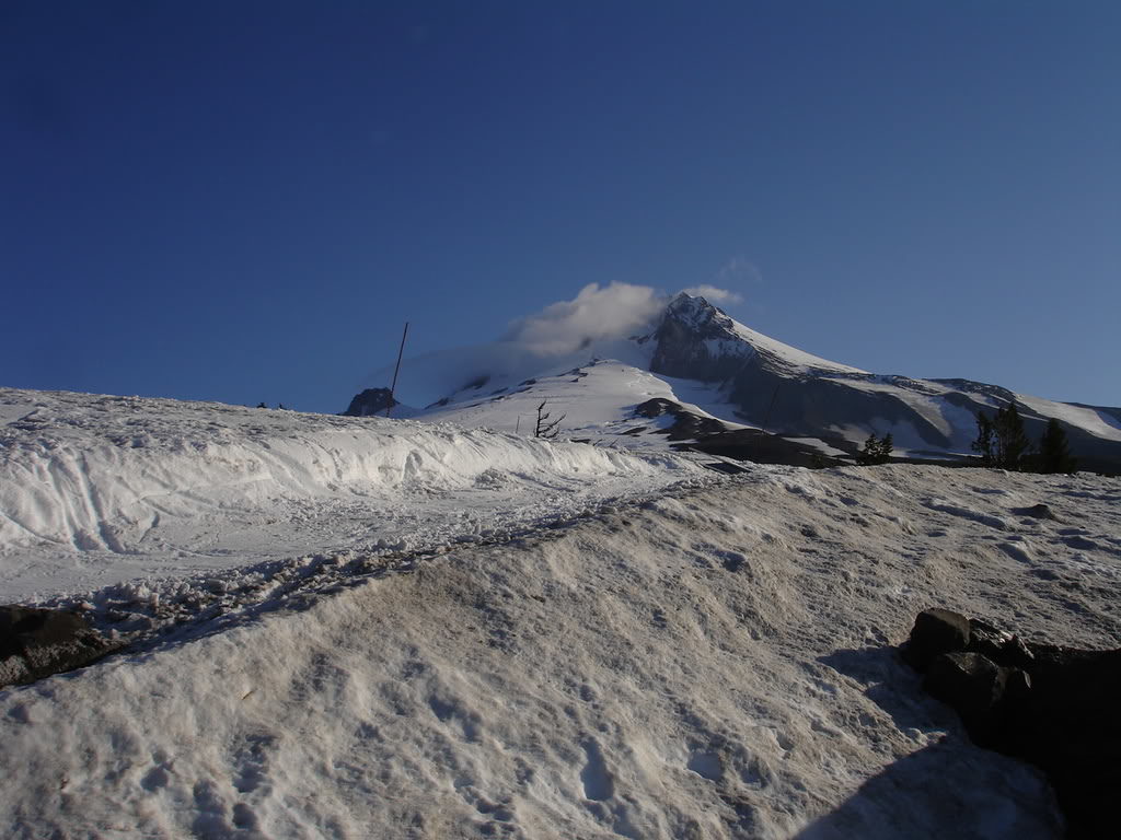 Looking up at Mount Hood from the Timberline Lodge before climbing the Old Chute
