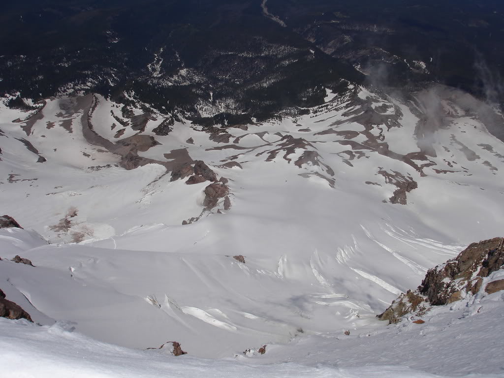 Looking down the North face and the Elliot Glacier from the summit of Mount Hood