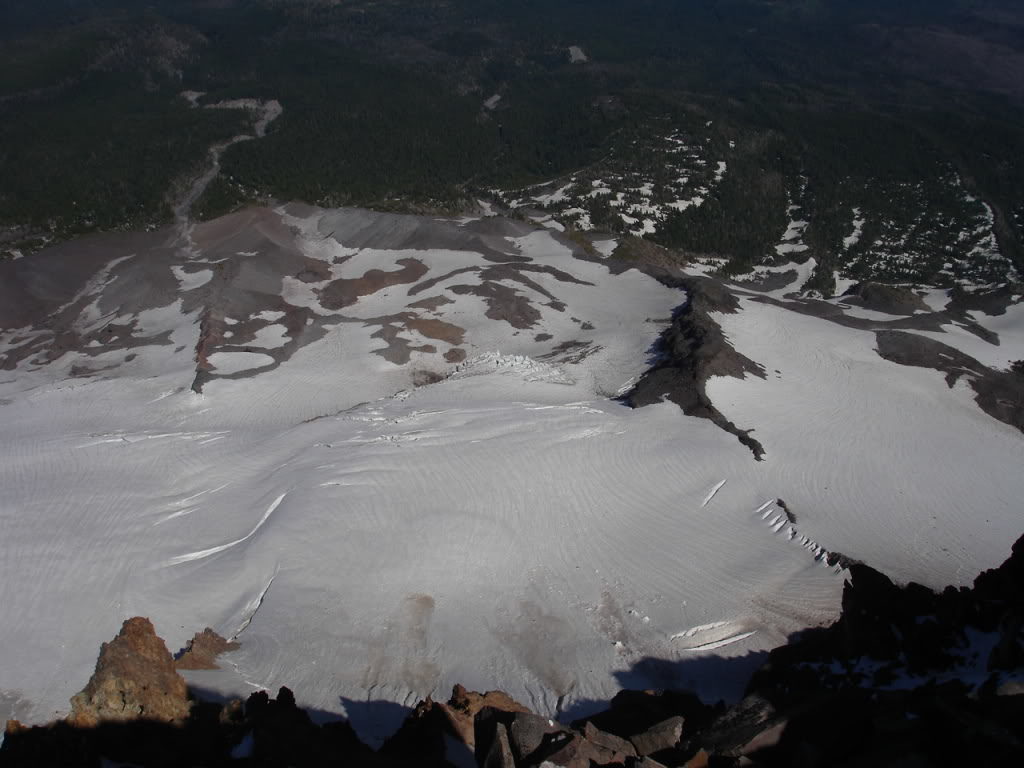 Looking down at the Whitewater Glacier from the summit of Mount Jefferson