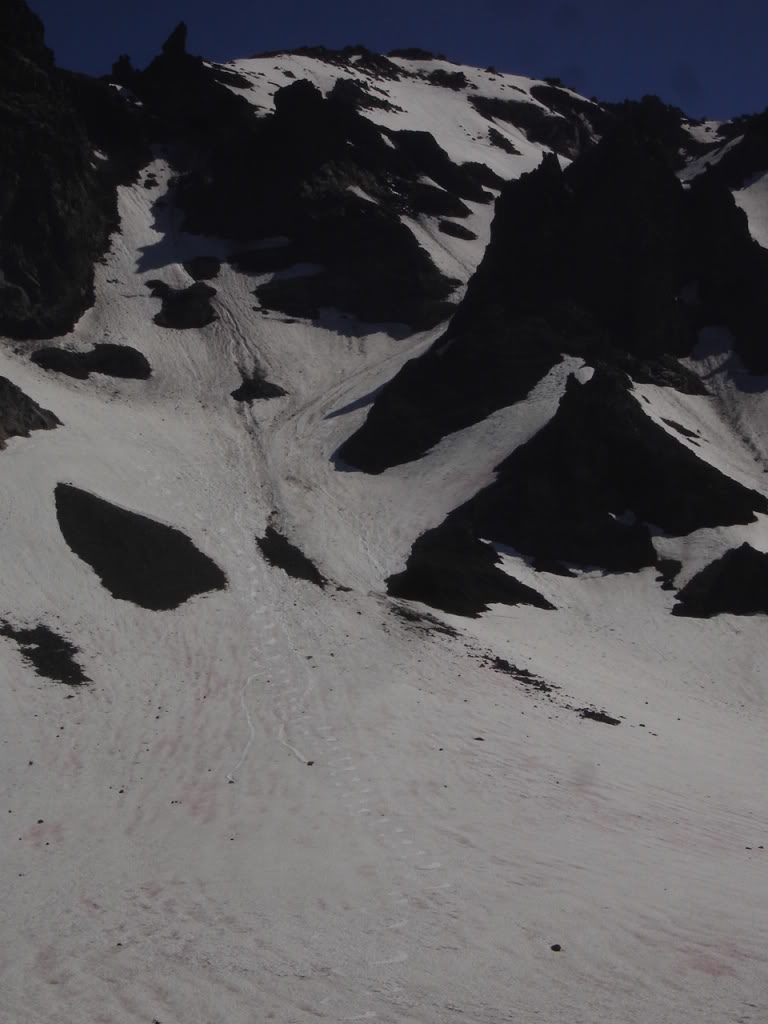 My snowboard tracks down the Northeast face of Mount McLoughlin