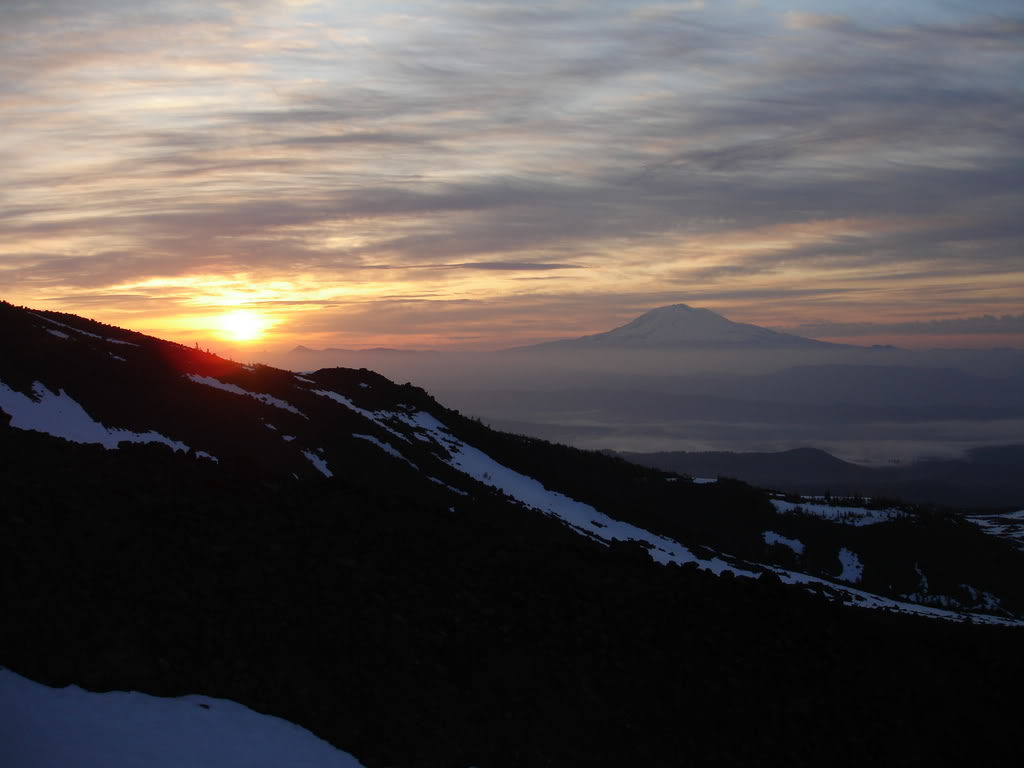 Sunrise to the east and Mount Adams while climbing Mount Saint Helens