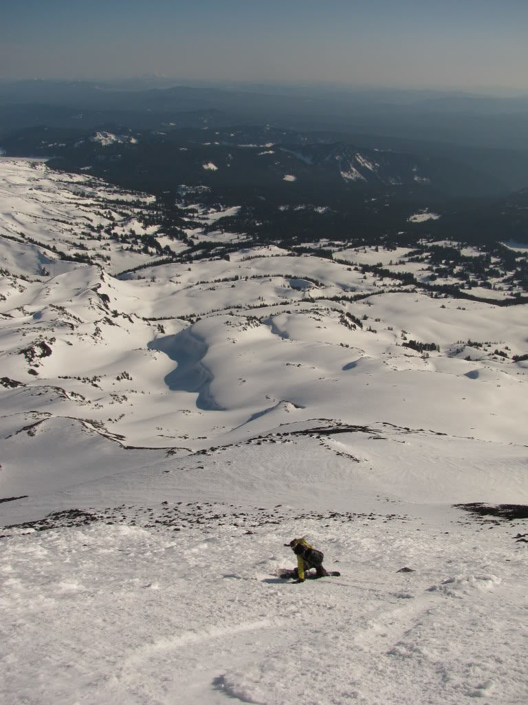 Making our way through the rocks on the Middle Sister while snowboarding the southwest face