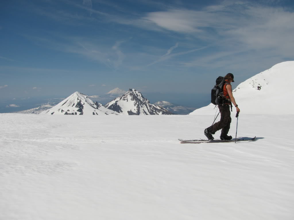 Skinning across the summit crater of the South Sister in Three Sisters Wilderness
