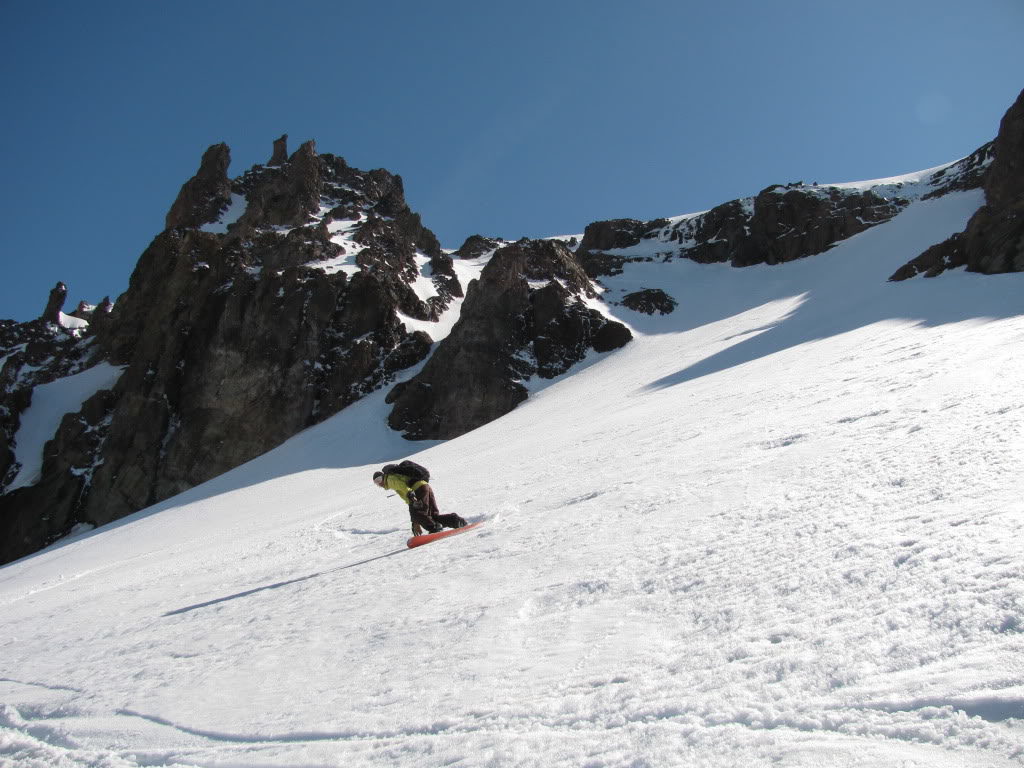 looking up the Prouty Glacier Chute while snowboarding down on the South Sister