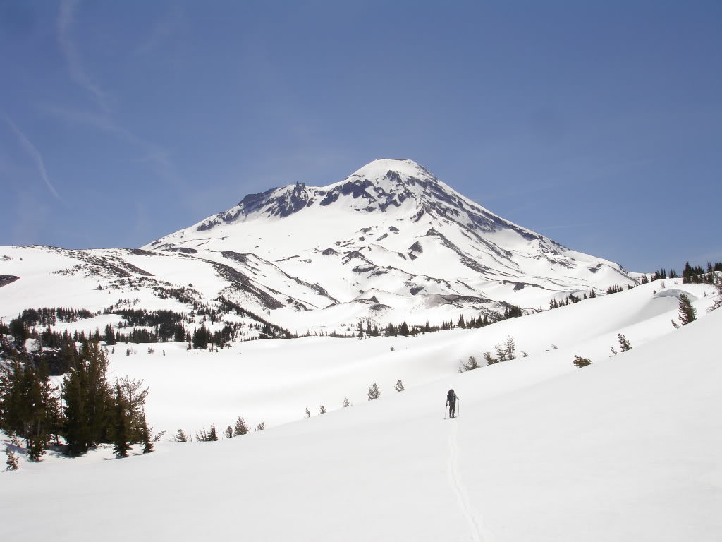 Ski touring towards the Middle Sister with the South Sister in the background