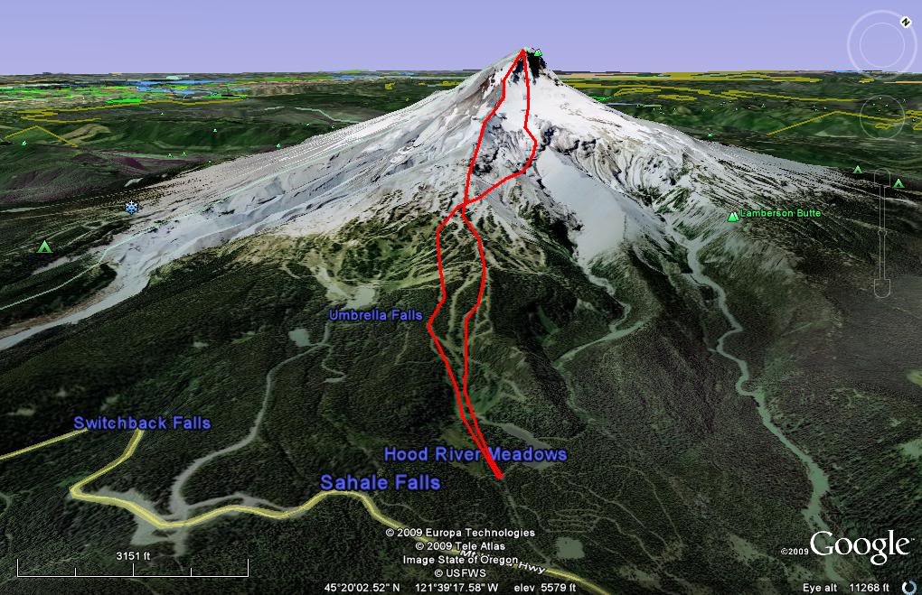 A map of our climb and ski descent of Mount Hood via the Wy'East Route